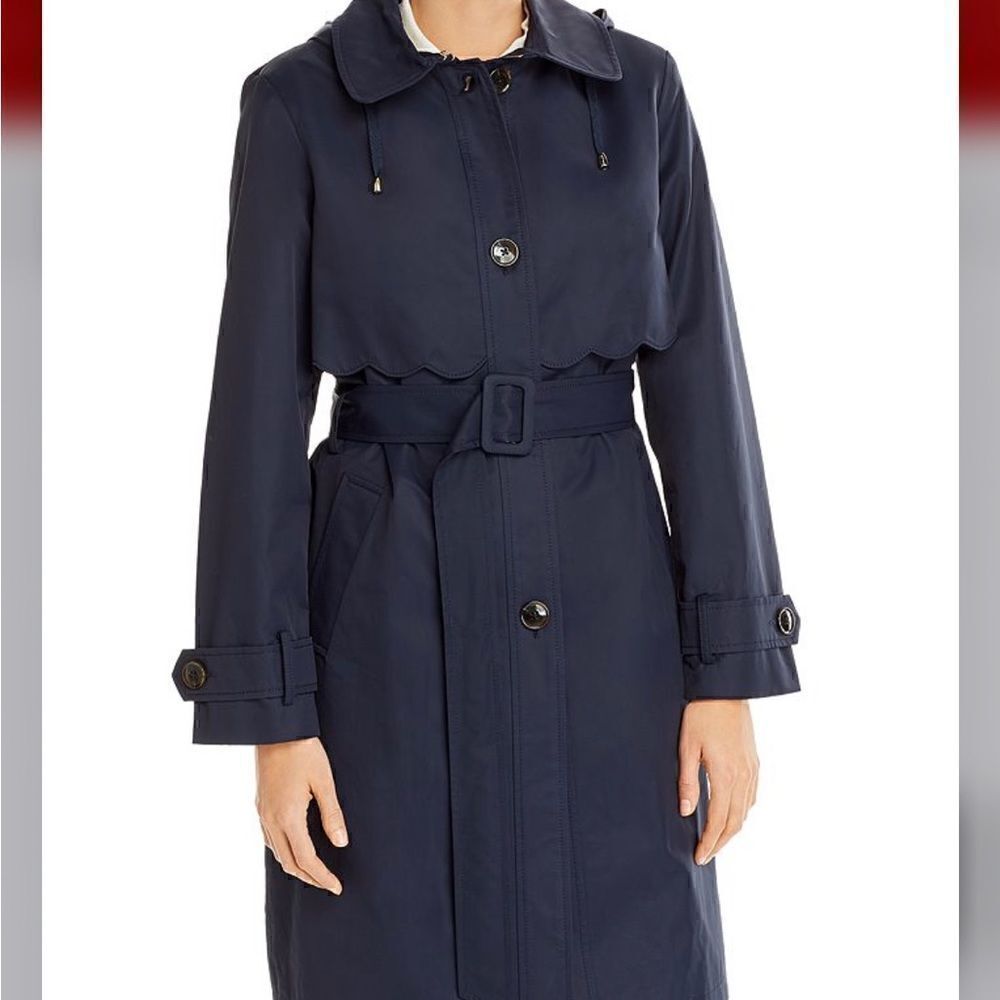 Kate Spade Scalloped Hooded Trench Coat Navy Blue Size S - Picture 6 of 16